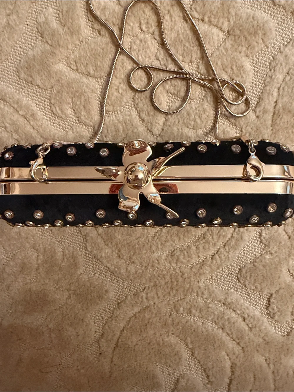 Black Velvet minaudière with crystals Evening Clutch flower top, NWOT gorgeous!